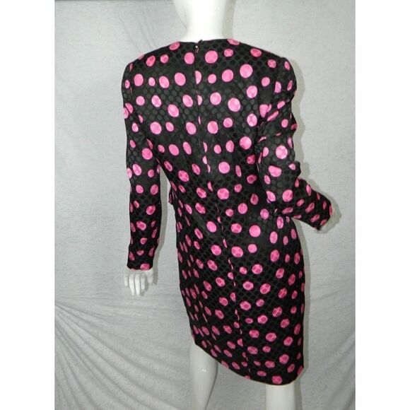 Vintage David Hayes Dress Vintage Black‎ Fuchsia Pink Silk Polka Dots Size 8 - Picture 2 of 12